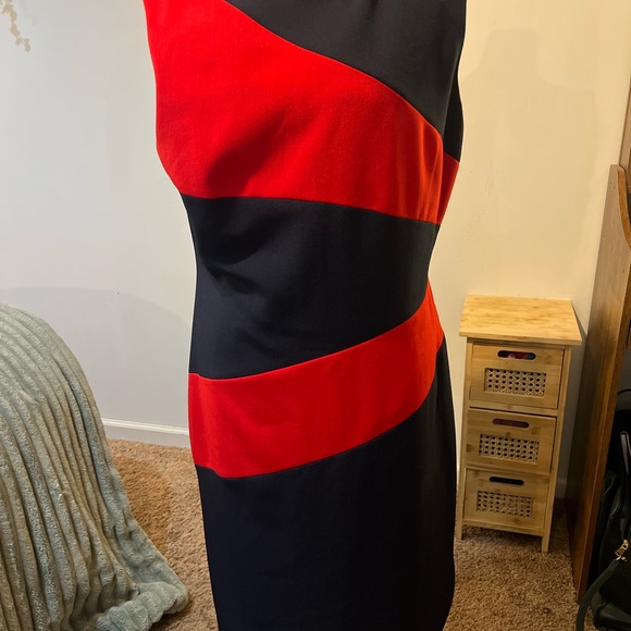 Alex Marie Red and Black Asymmetrical Sheath Dress - Picture 1 of 7